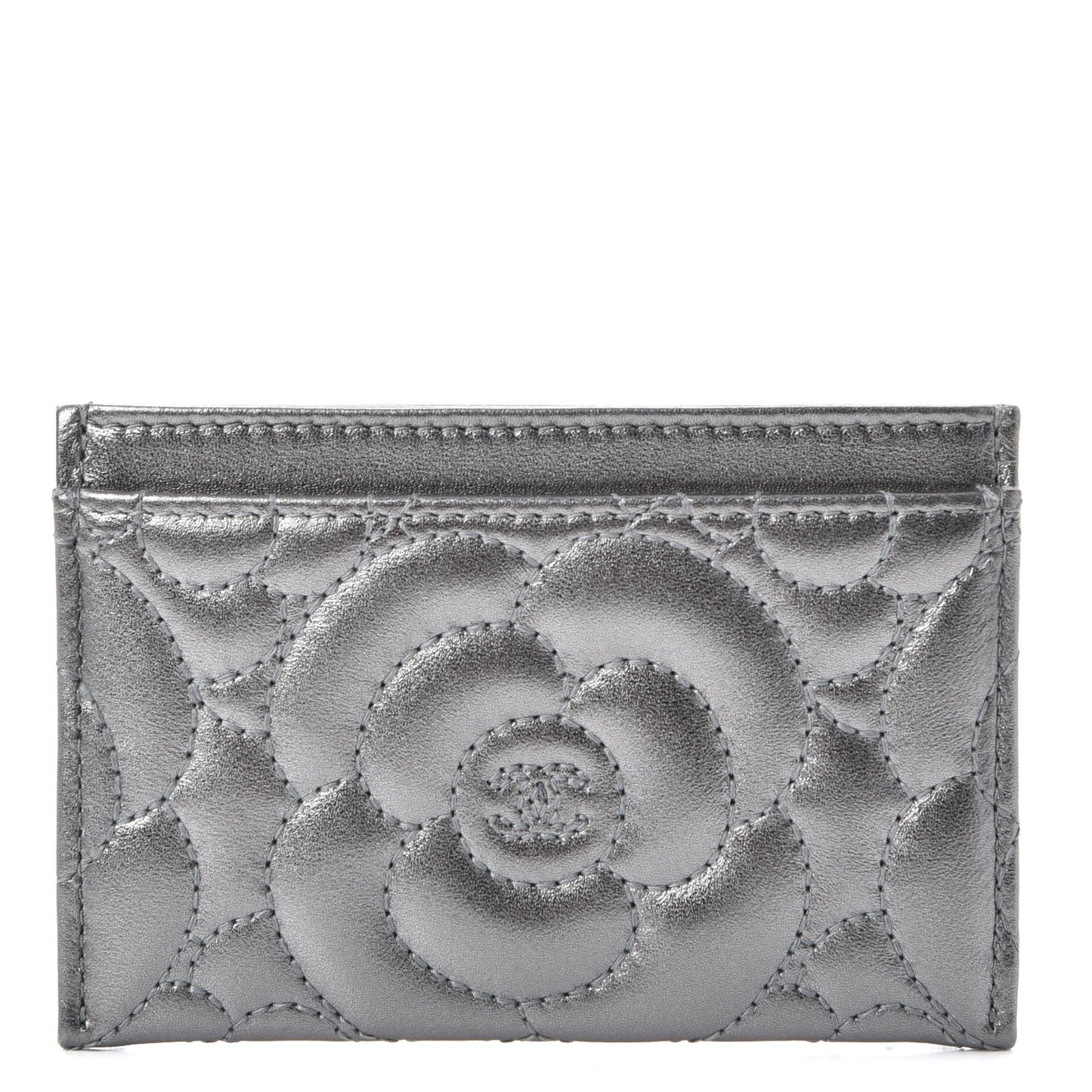 Metallic Lambskin Camellia Embossed Card Holder Silver