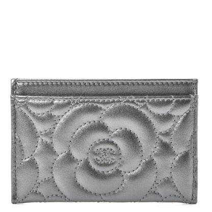 Chanel Metallic Lambskin Camellia Embossed Card Holder Silver 1 of 8