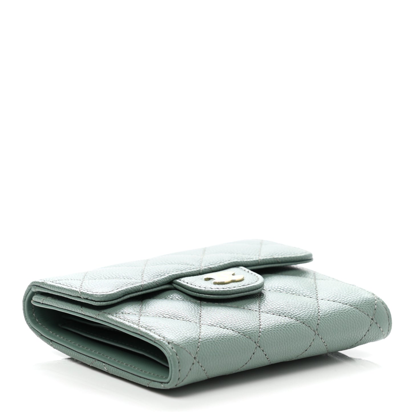 Metallic Caviar Quilted Compact Flap Wallet Dark Green