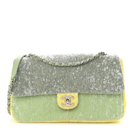 Chanel Sequin Large Waterfall Flap Green Light Green Yellow 1 of 9
