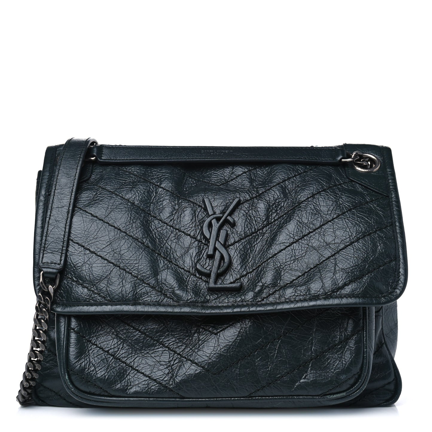 Crinkled Calfskin Matelasse Monogram Medium Niki Chain Satchel Peacock Green