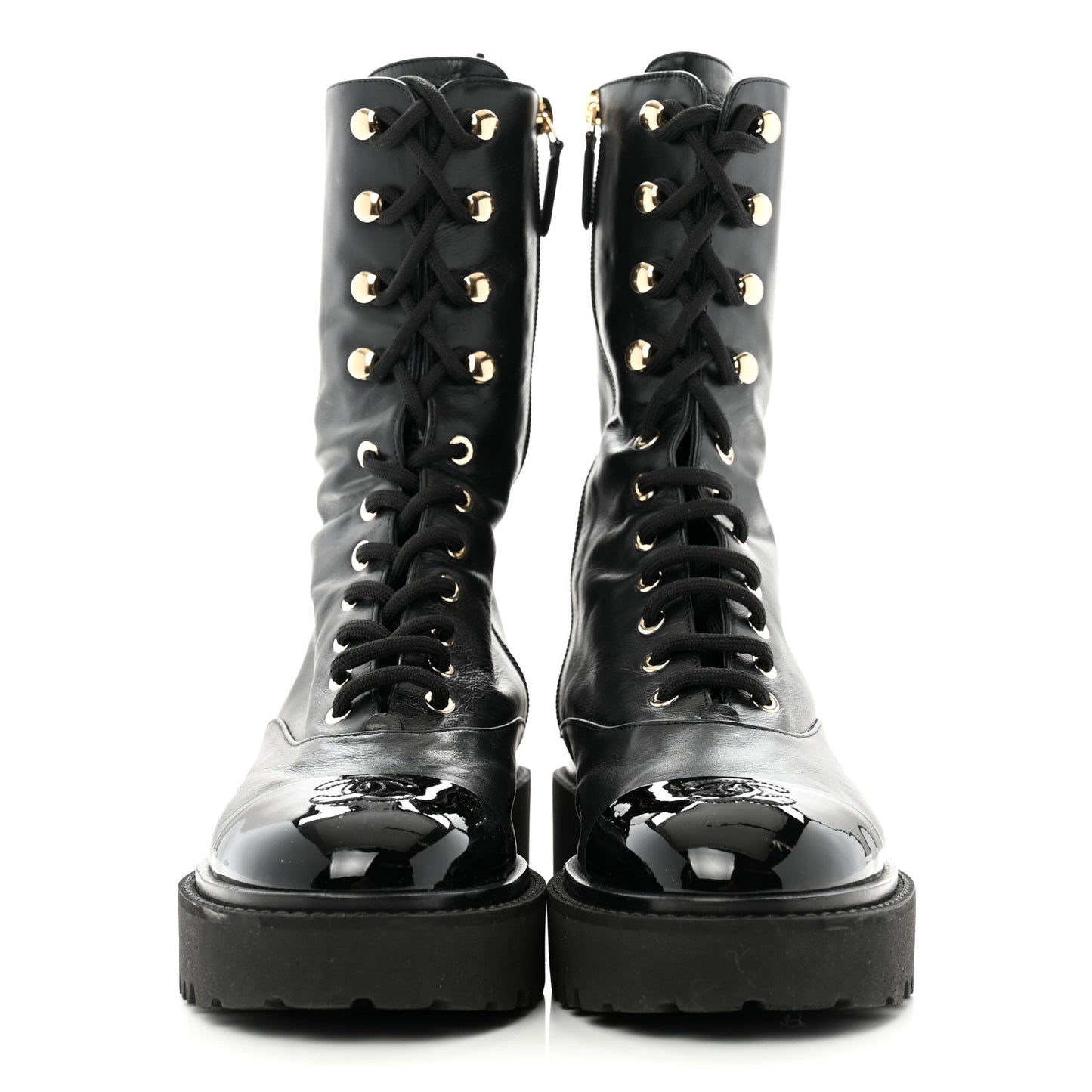Crumpled Calfskin Patent Cap Toe Lace Up Combat Boots 39.5 Black