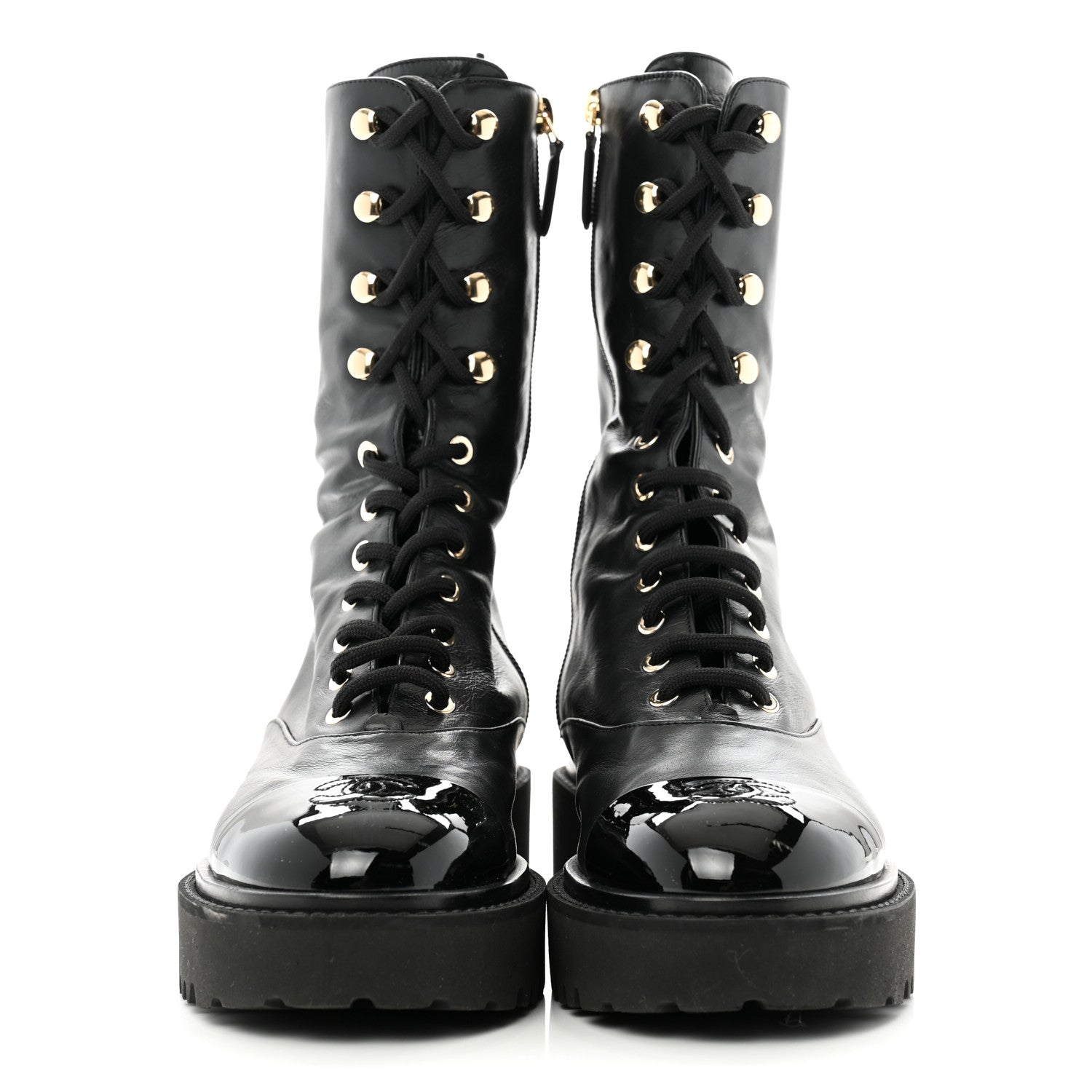Chanel Crumpled Calfskin Patent Cap Toe Lace Up Combat Boots 39.5 Black 3 of 12
