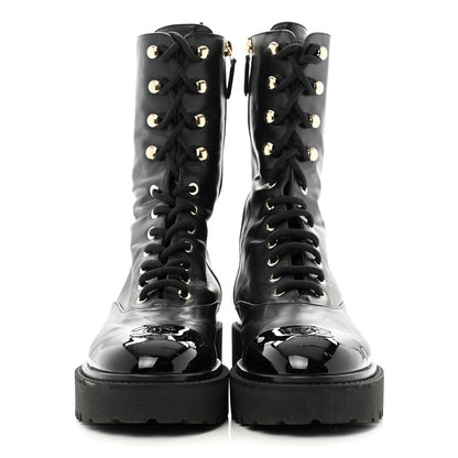 Chanel Crumpled Calfskin Patent Cap Toe Lace Up Combat Boots 39.5 Black 3 of 12
