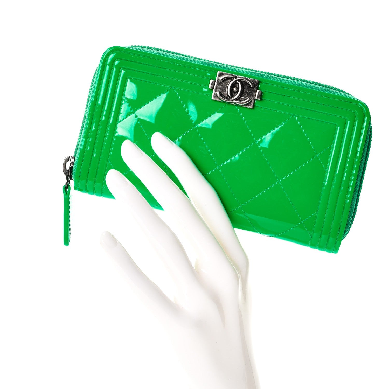 Chanel Patent Quilted Small Boy Zip Around Wallet Green 2 of 9