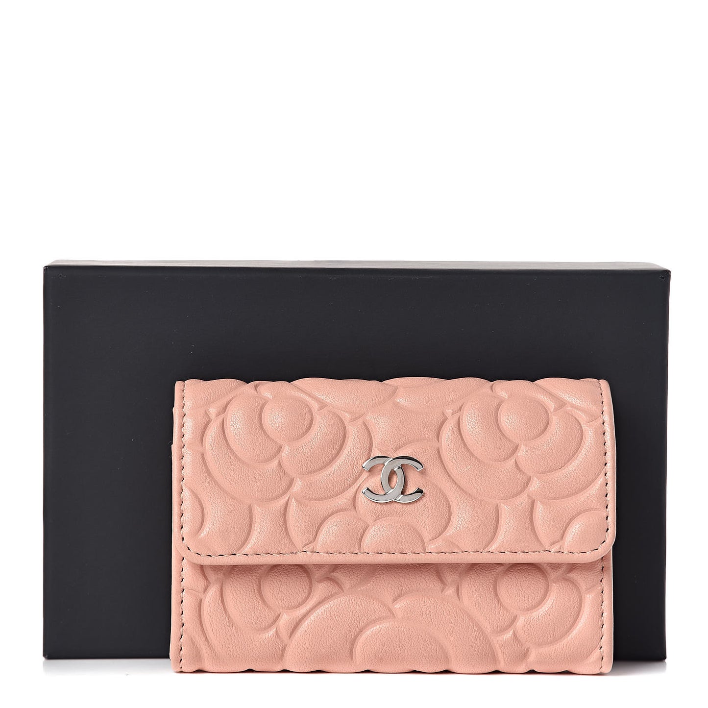 Goatskin Camellia Embossed Card Holder Wallet Light Pink