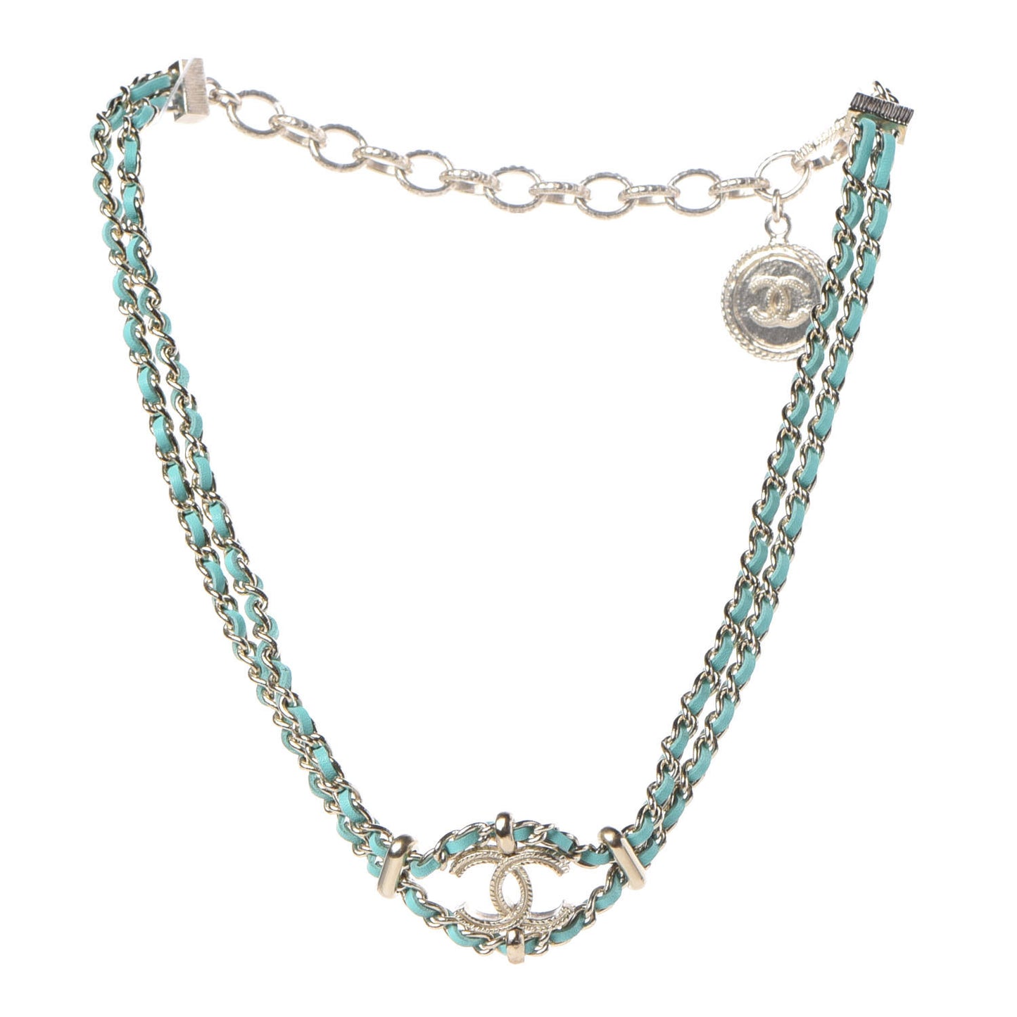 Metal Lambskin CC Chain Link Necklace Turquoise