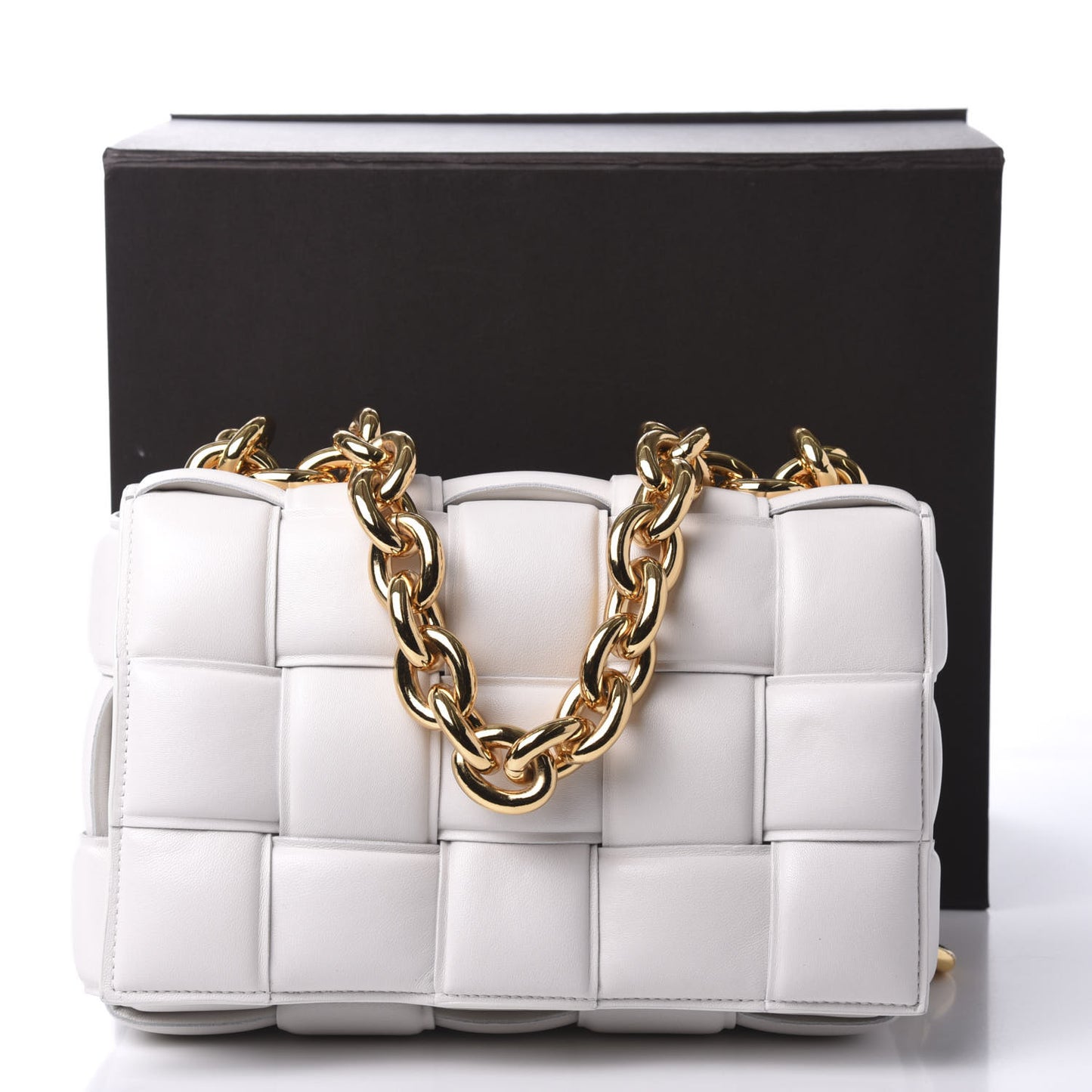 Lambskin Maxi Intreccio Padded Chain Cassette Crossbody Bag White