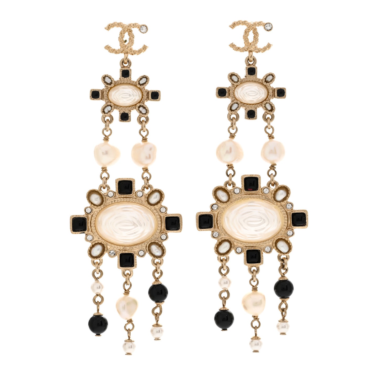 Enamel Pearl CC Drop Earrings Black Gold