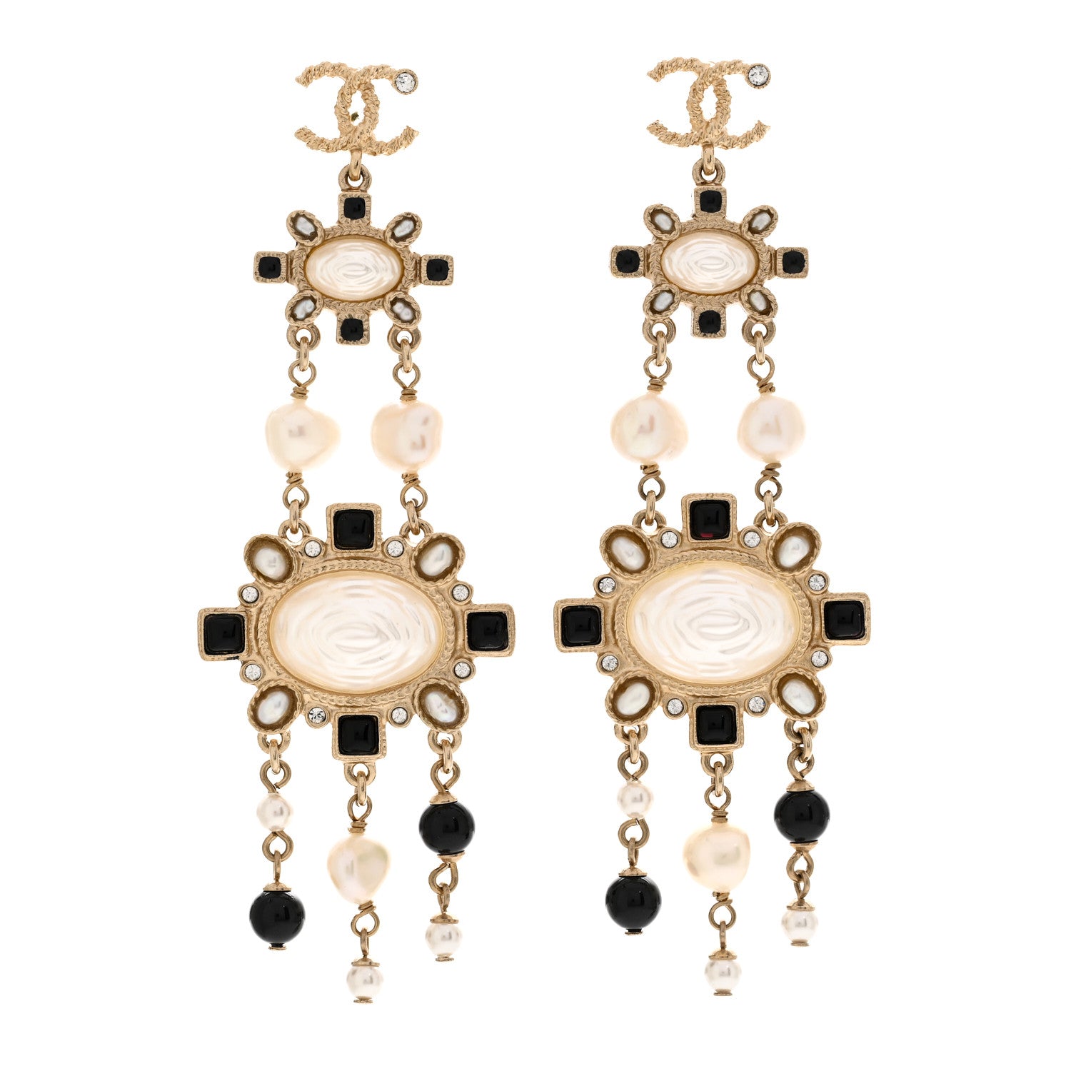 Chanel Enamel Pearl CC Drop Earrings Black Gold 1 of 5