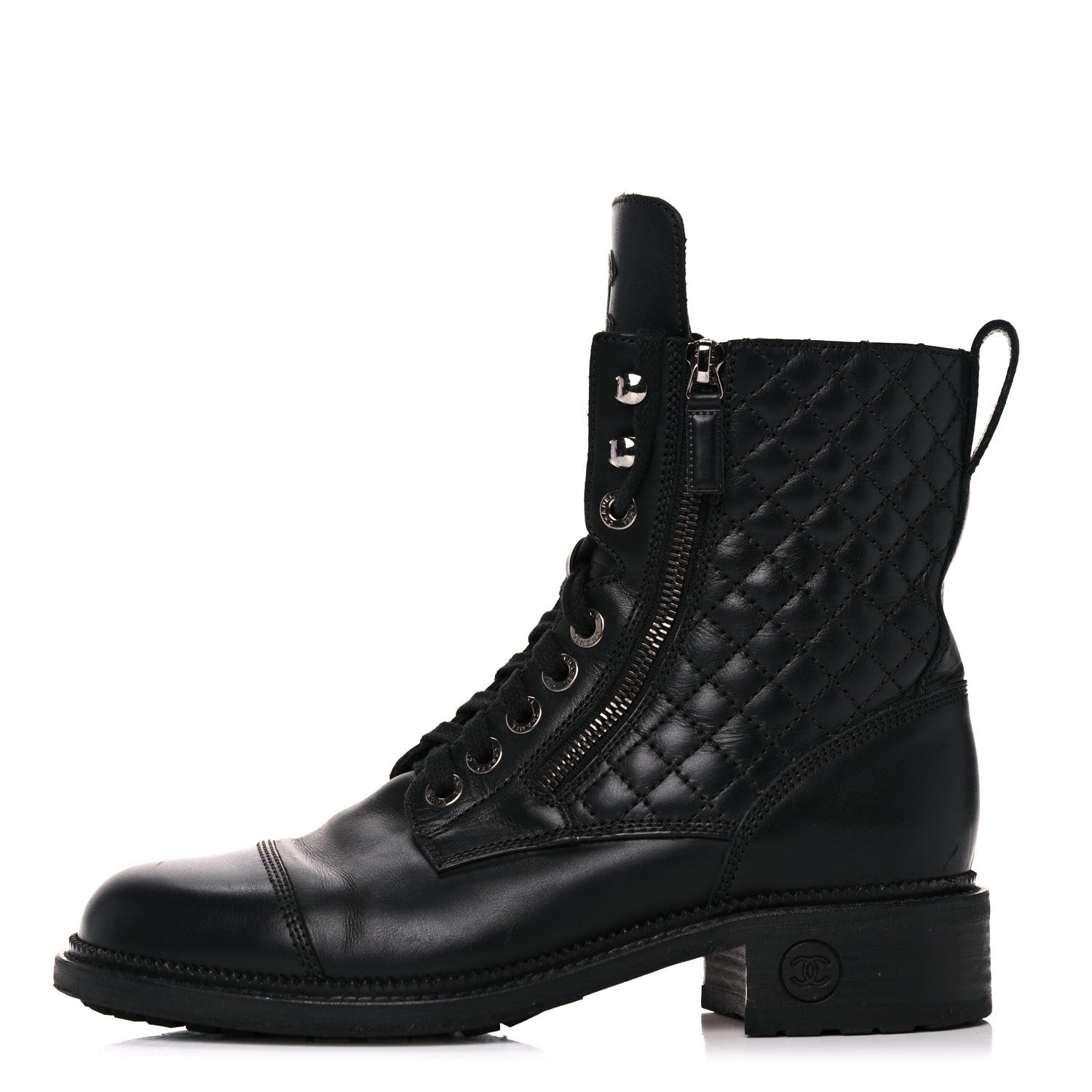 Chanel Calfskin Quilted Lace Up Combat Boots 40 Black 1 of 8