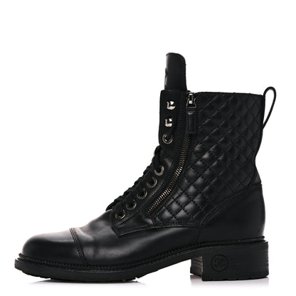 Chanel Calfskin Quilted Lace Up Combat Boots 40 Black 1 of 8