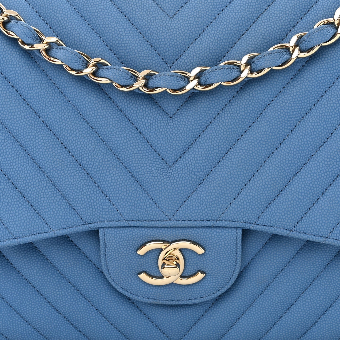 Caviar Flat Chevron Quilted Jumbo Double Flap Blue