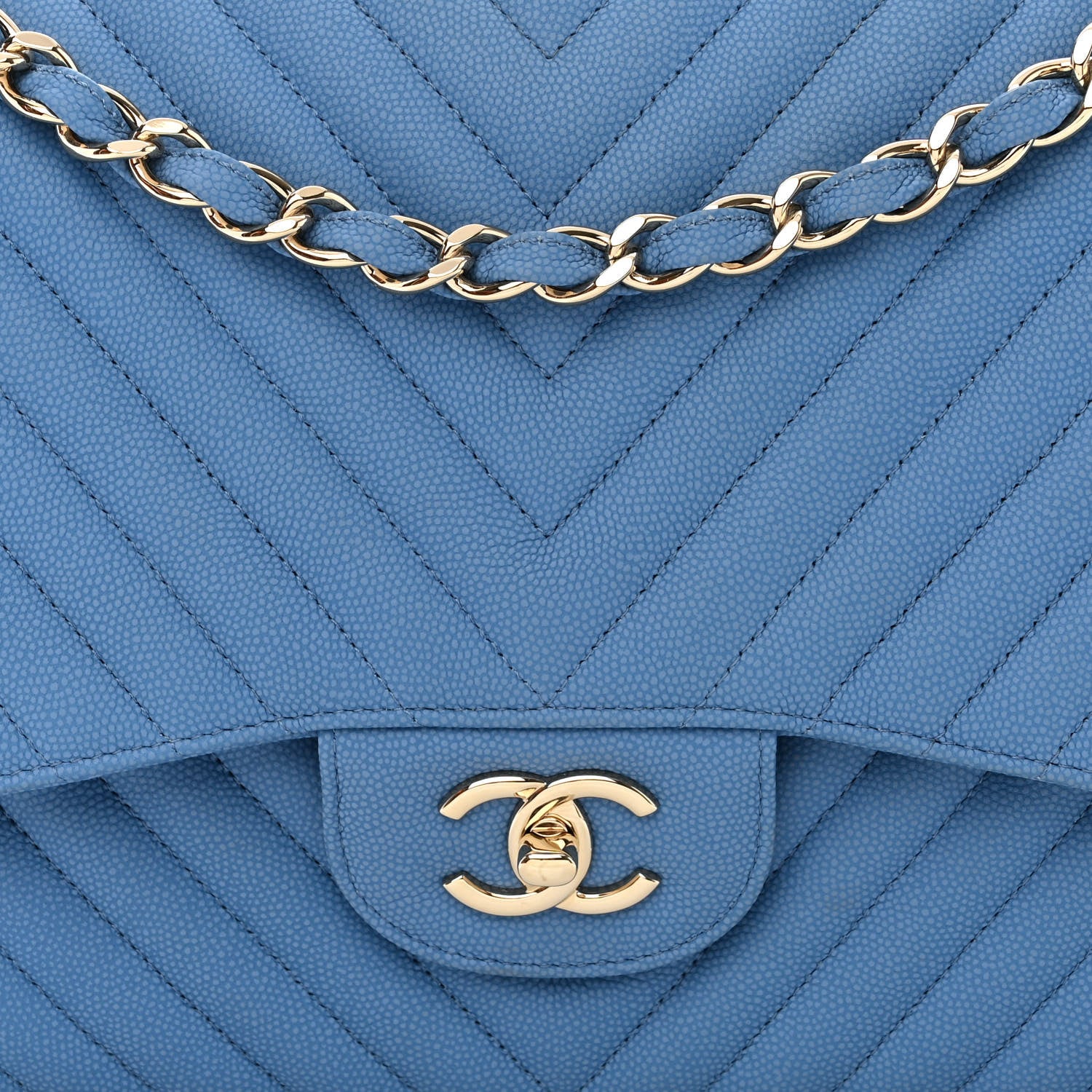 Chanel Caviar Flat Chevron Quilted Jumbo Double Flap Blue 9 of 12