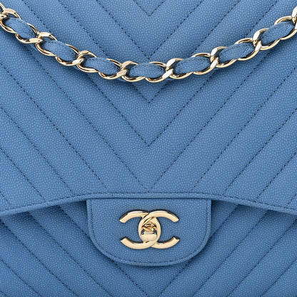 Chanel Caviar Flat Chevron Quilted Jumbo Double Flap Blue 9 of 12