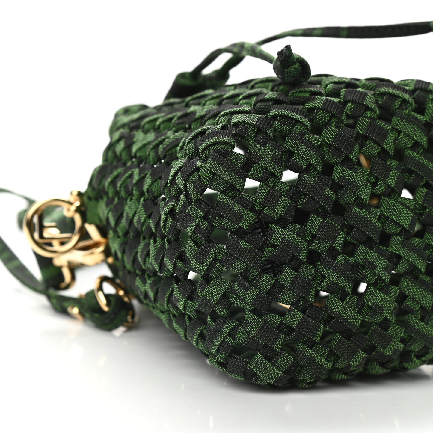 Fabric Jacquard F is Fendi FF 1974 Woven Knotted Mini Mon Tresor Bucket Bag Verde Black