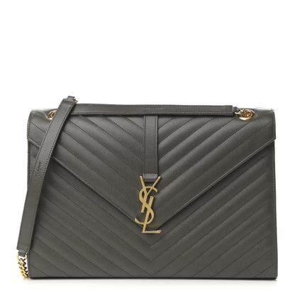 Saint Laurent Grain De Poudre Matelasse Chevron Large Monogram Satchel Earth 1 of 13