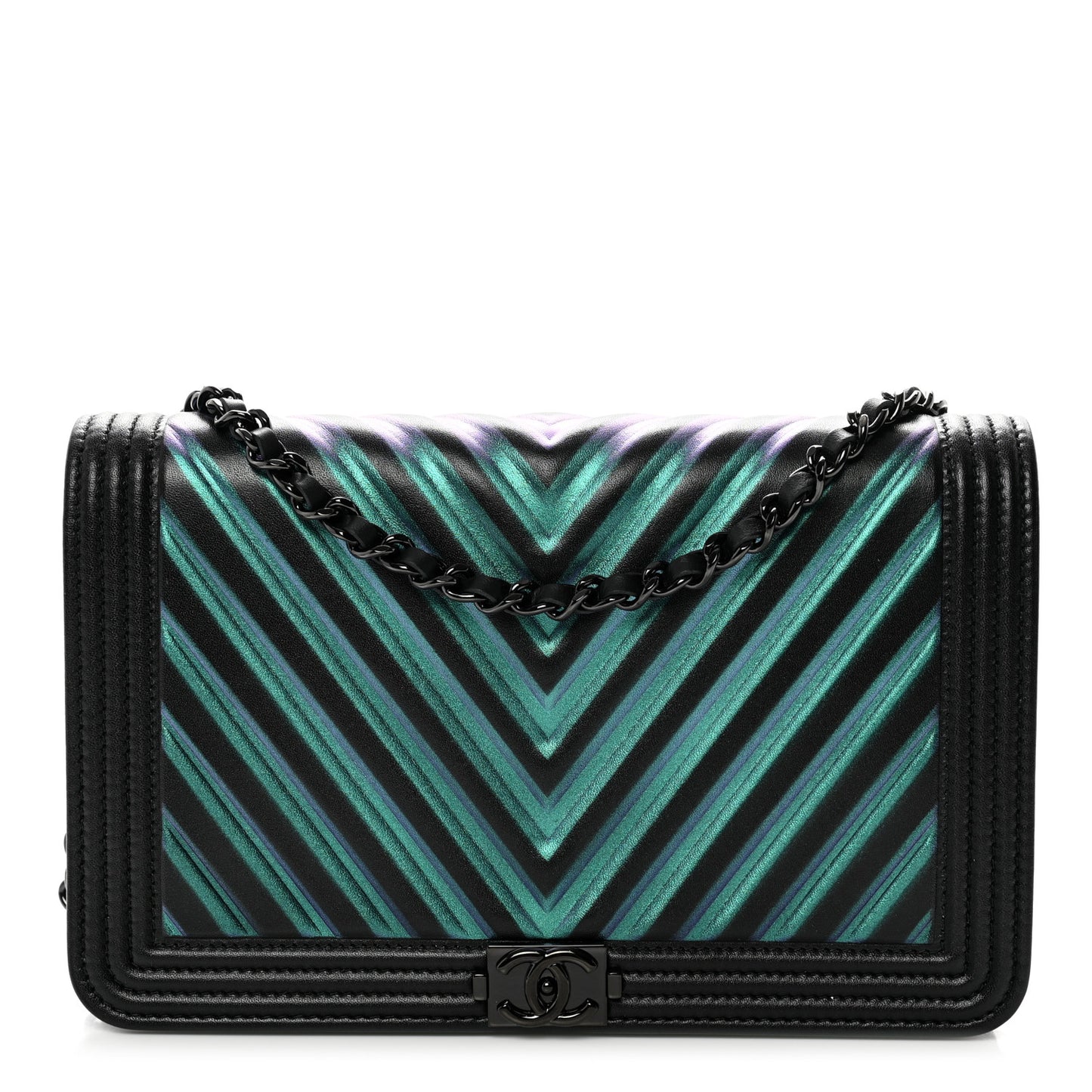 Calfskin Painted Chevron Embossed Boy Wallet On Chain WOC Black