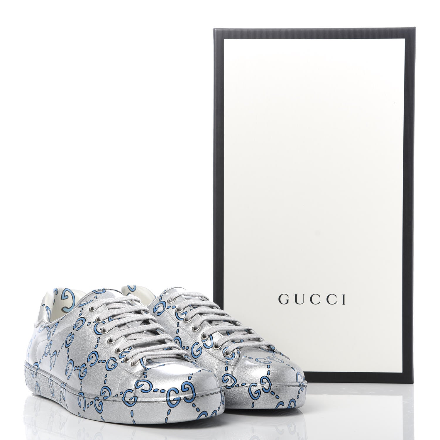 Gucci Miro Rubber Wax GucciGhost Print Mens New Ace Sneakers 10 Silver 10 of 10