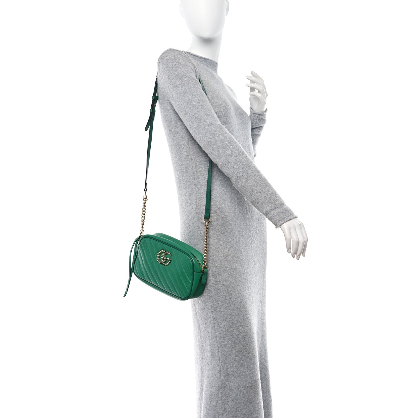 Azalea Calfskin Enamel Matelasse Diagonal Small Torchon GG Marmont Chain Shoulder Bag New Shamarock Emerald