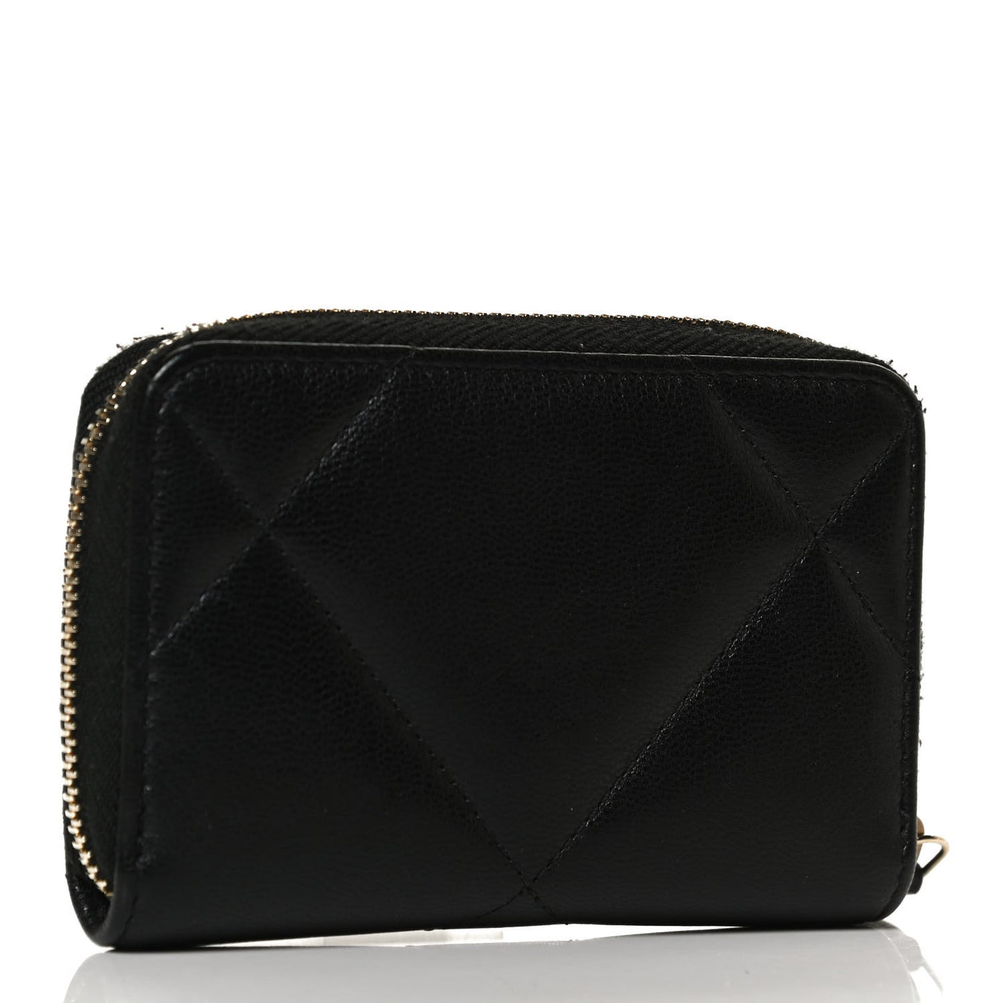 Shiny Goatskin Quilted Chanel 19 Zip Around Coin Purse Wallet Black
