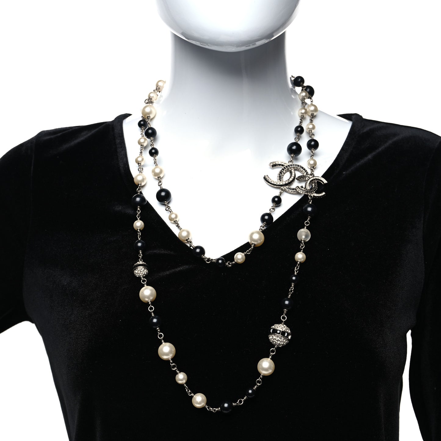Metal Pearl Crystal Bead CC Long Necklace Silver Black