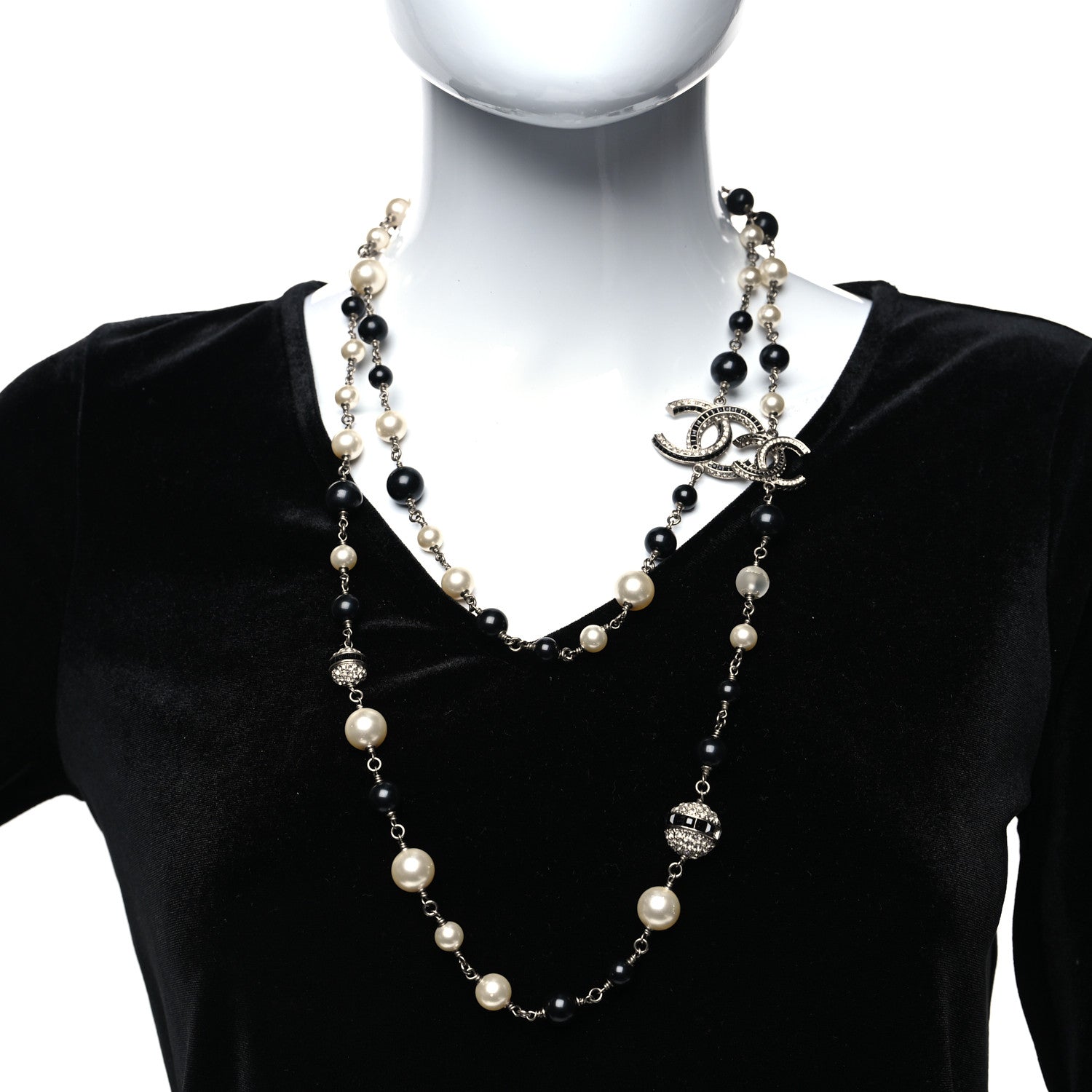 Chanel Metal Pearl Crystal Bead CC Long Necklace Silver Black 2 of 7