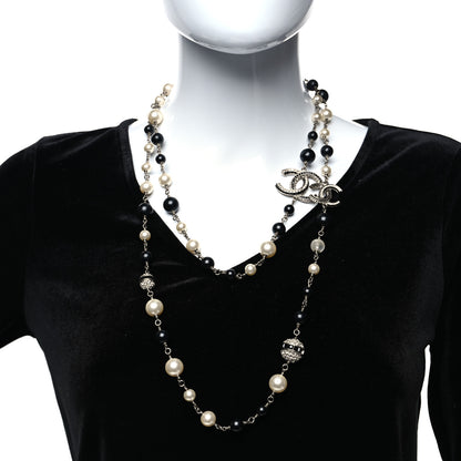 Chanel Metal Pearl Crystal Bead CC Long Necklace Silver Black 2 of 7