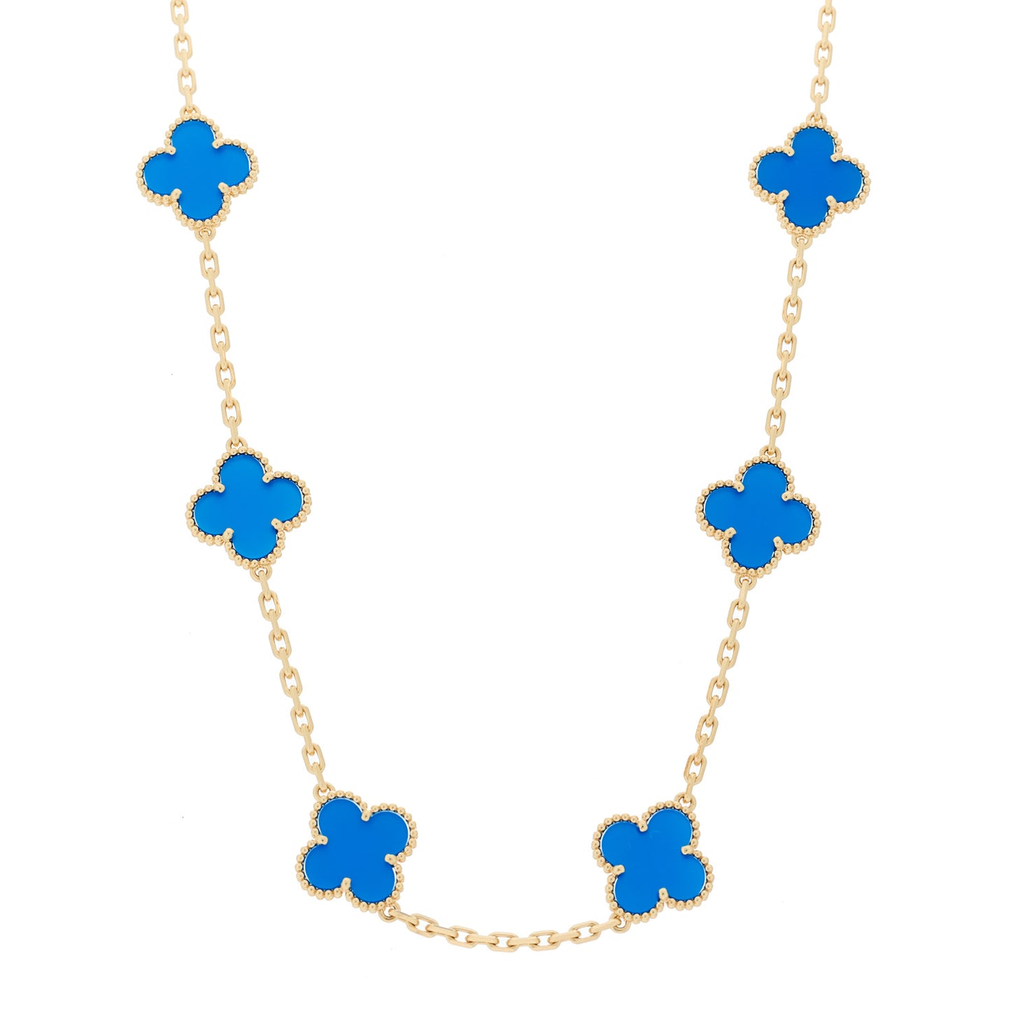 18K Yellow Gold Blue Agate 10 Motifs Vintage Alhambra Necklace