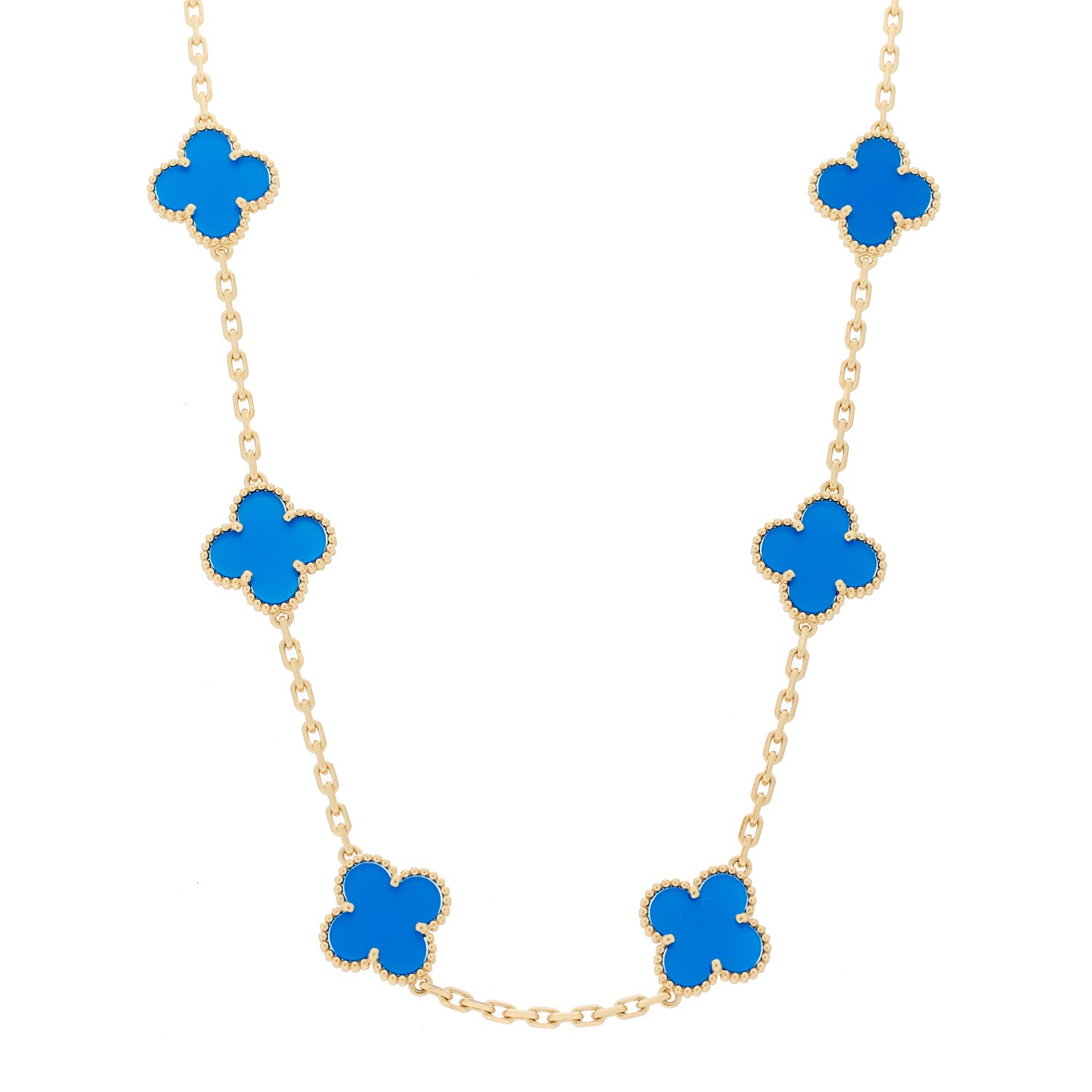 Van Cleef & Arpels 18K Yellow Gold Blue Agate 10 Motifs Vintage Alhambra Necklace 1 of 7