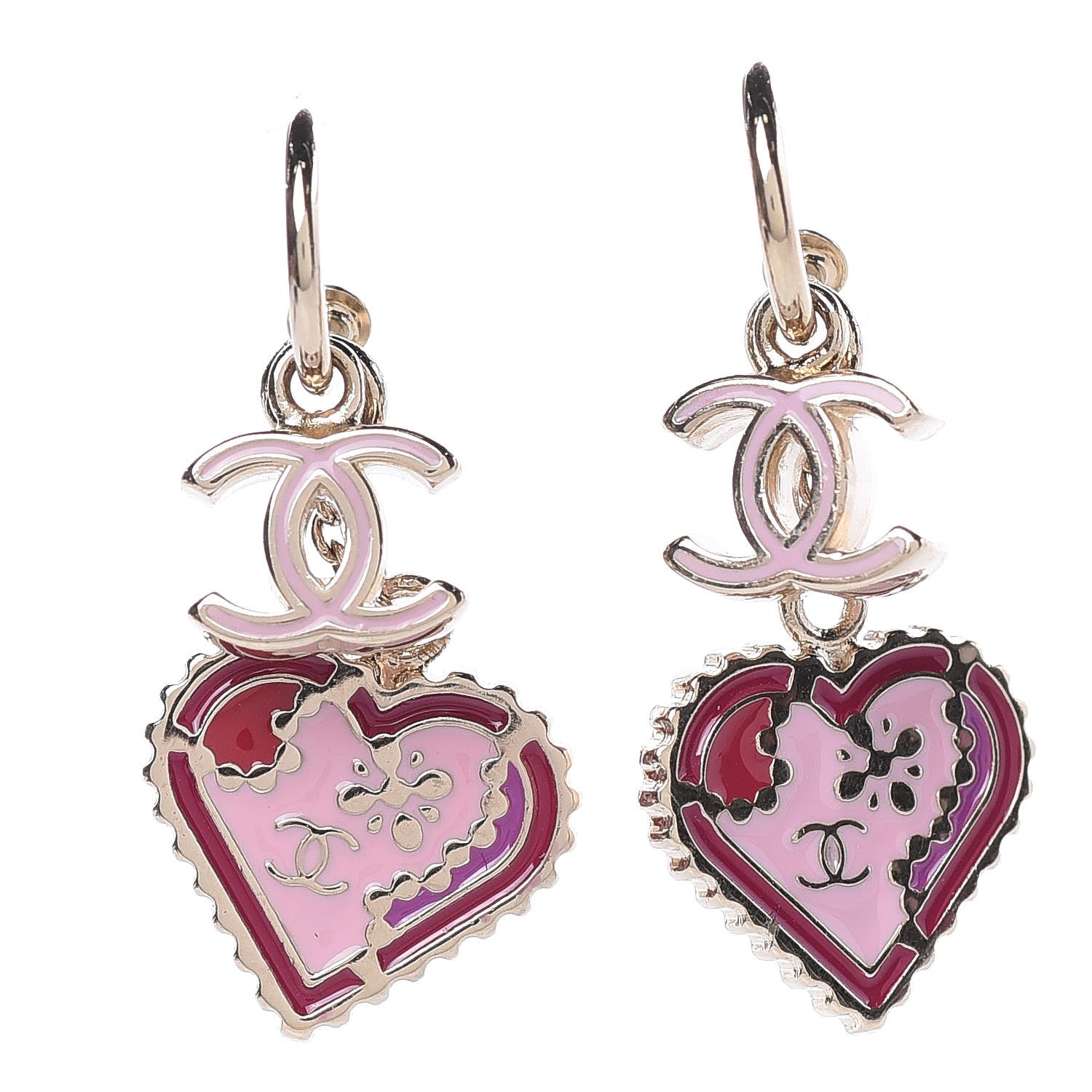 Chanel Enamel Valentine CC Heart Drop Earrings Pink Gold 1 of 4