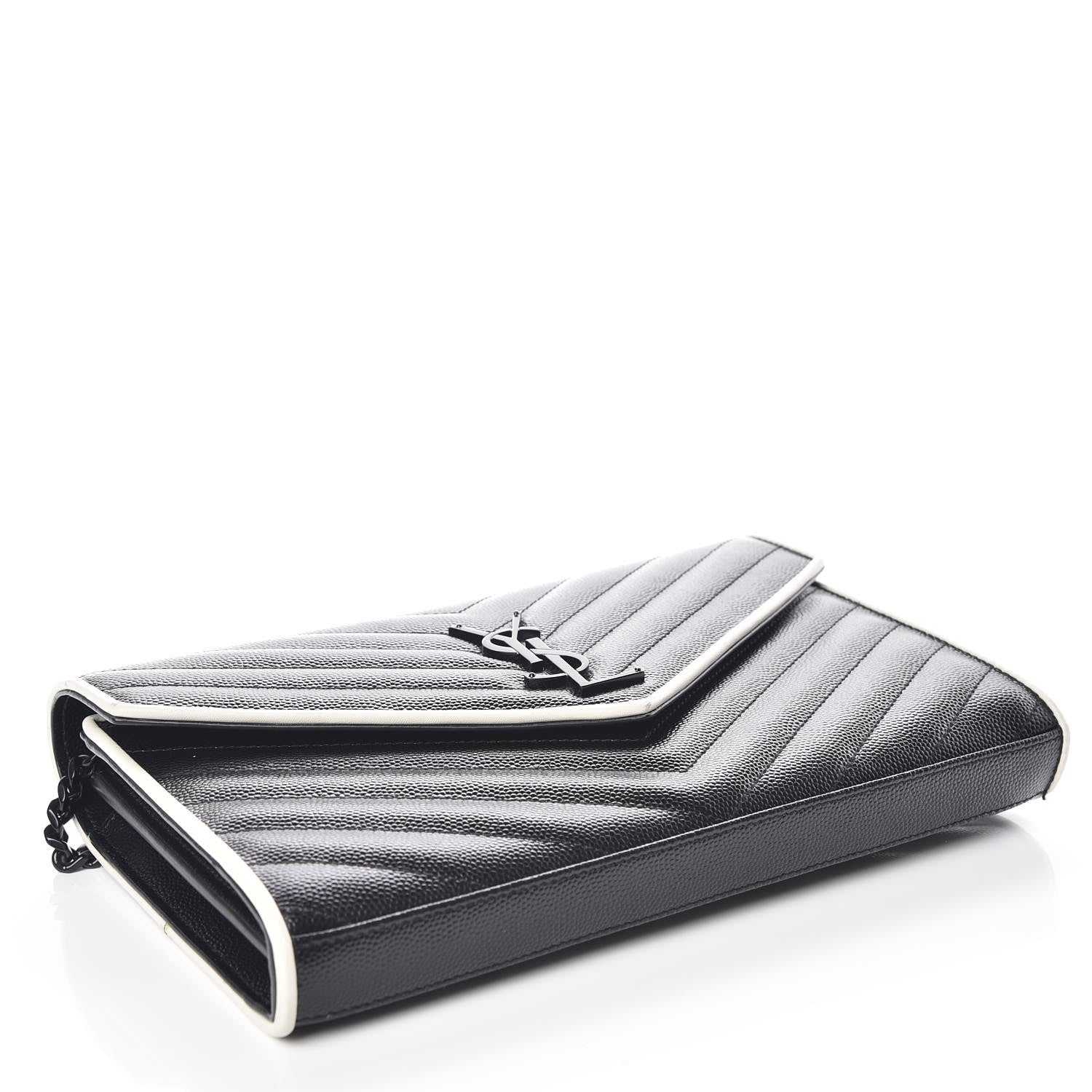 Saint Laurent Grain De Poudre Matelasse Chevron Monogram Chain Wallet Black White 4 of 14