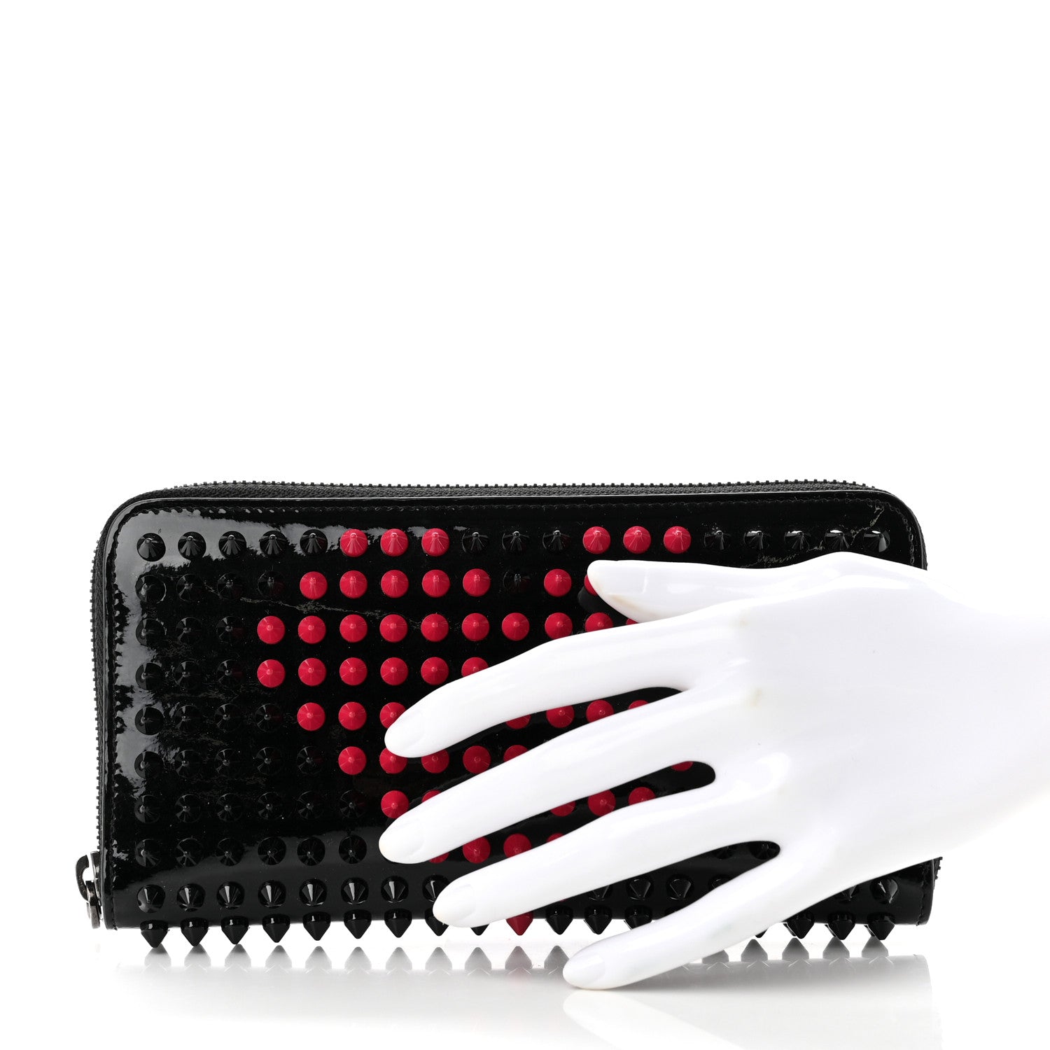 Christian Louboutin Patent Panettone Spiked Valentines Zip Around Wallet Black Fuchsia 2 of 7