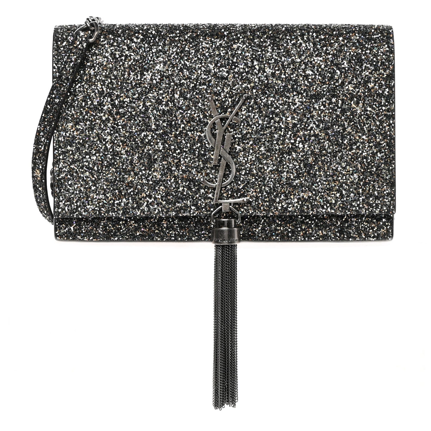 Metallic Glitter Classic Monogram Kate Tassel Chain Wallet Gun Metal Black