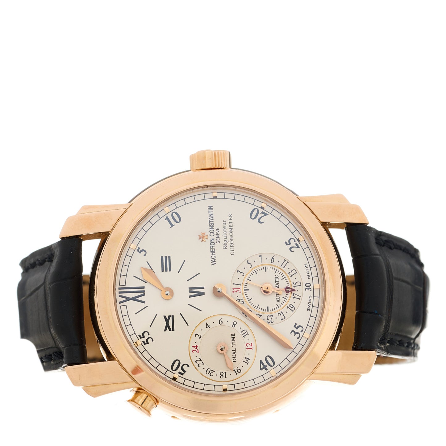 18K Rose Gold Alligator 39mm Malte Dual Time Automatic Watch White 42005