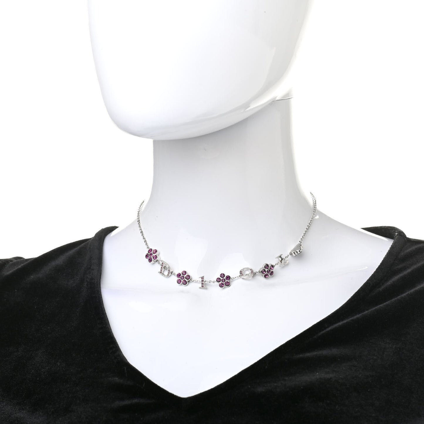 Crystal Flower Logo Charm Necklace Silver