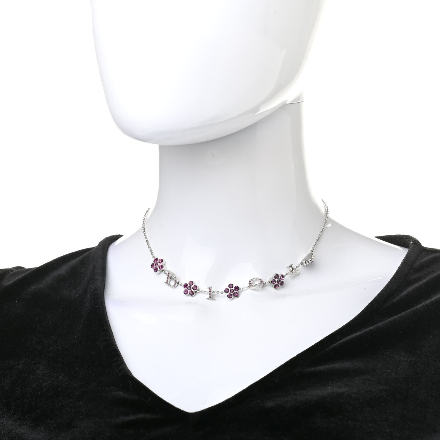 Christian Dior Crystal Flower Logo Charm Necklace Silver 2 of 6