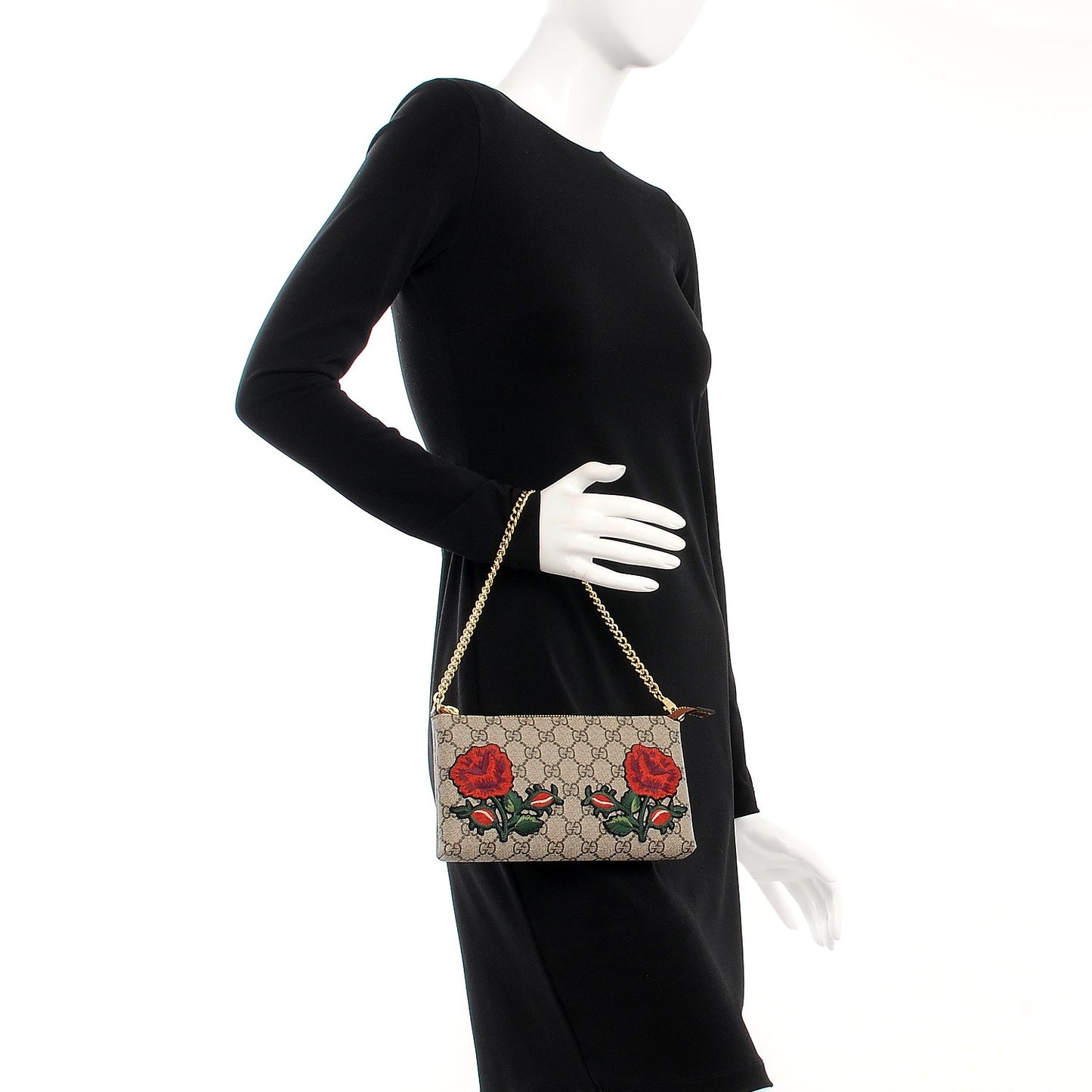 GG Supreme Monogram Embroidered Roses Chain Wrist Wallet