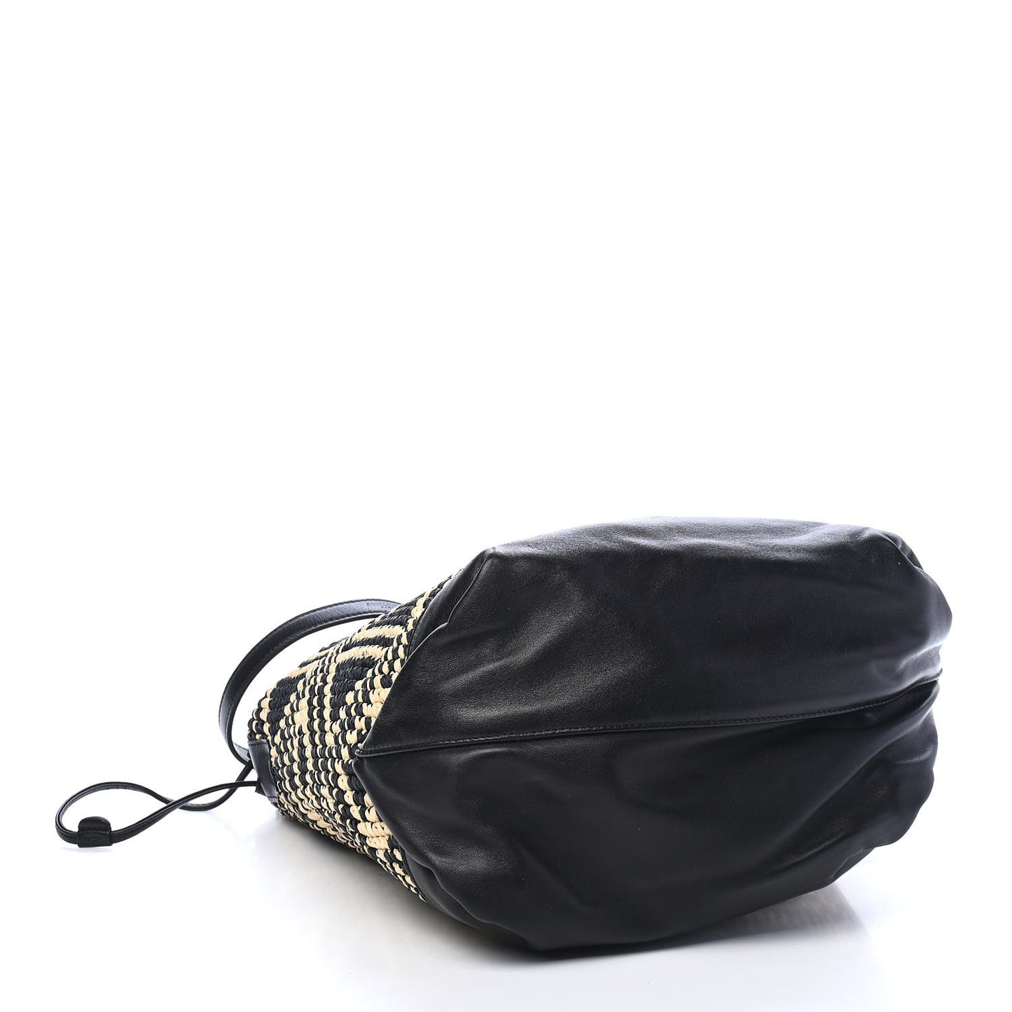 Folk Raffia Calfskin Teddy Drawstring Bag Natural Black