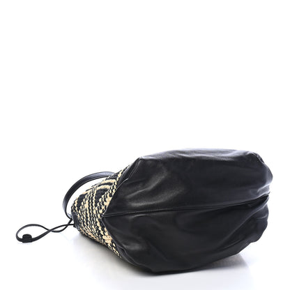 Saint Laurent Folk Raffia Calfskin Teddy Drawstring Bag Natural Black 4 of 9