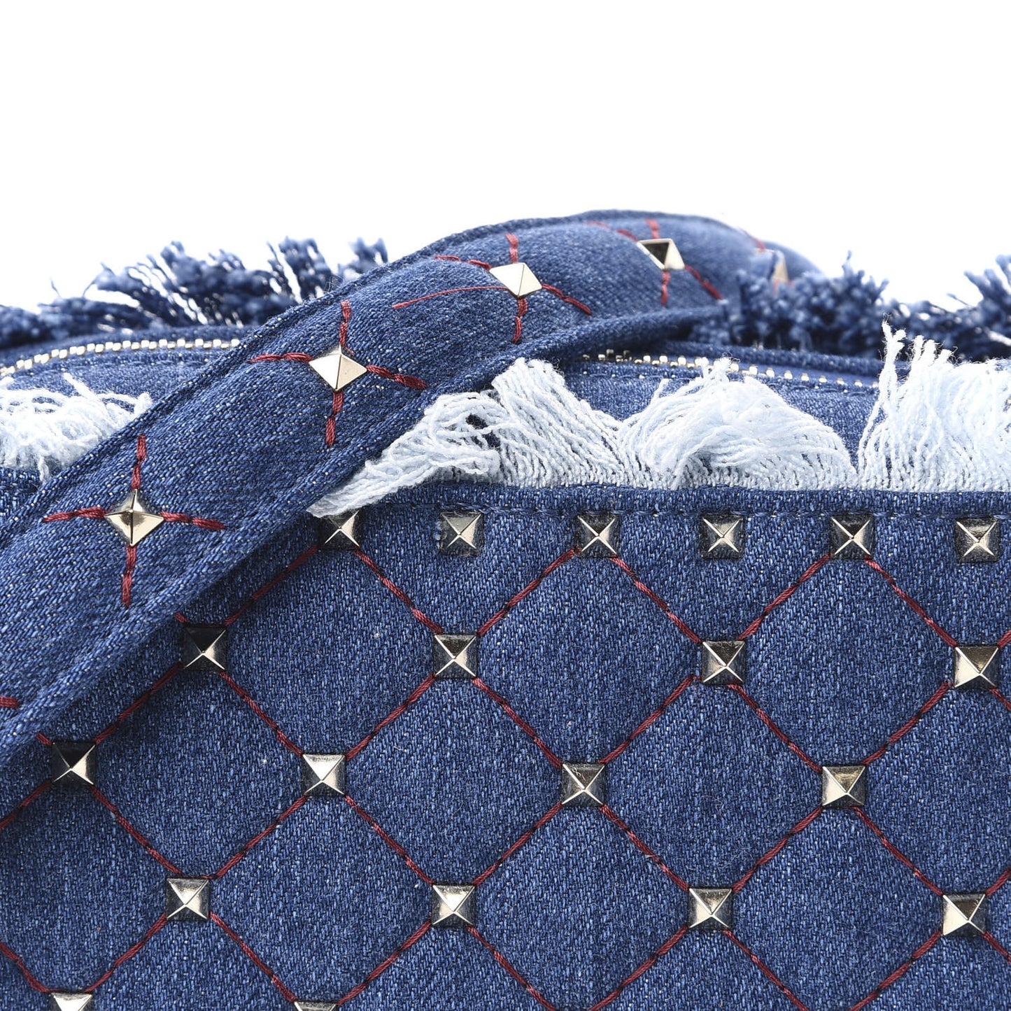Denim Fringe Rockstud Spike Camera Crossbody Bag Blue