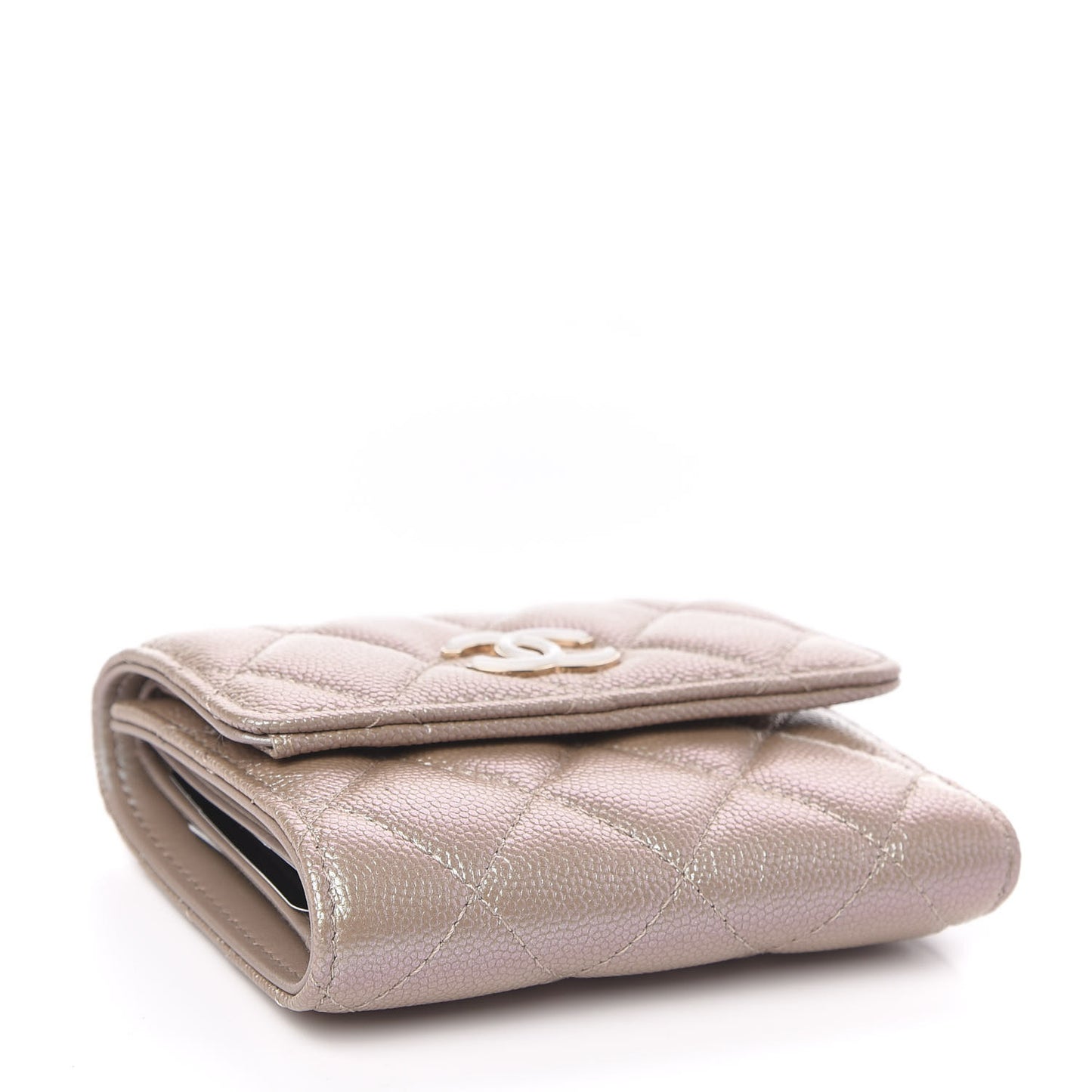 Iridescent Caviar Quilted Small Flap Wallet Beige