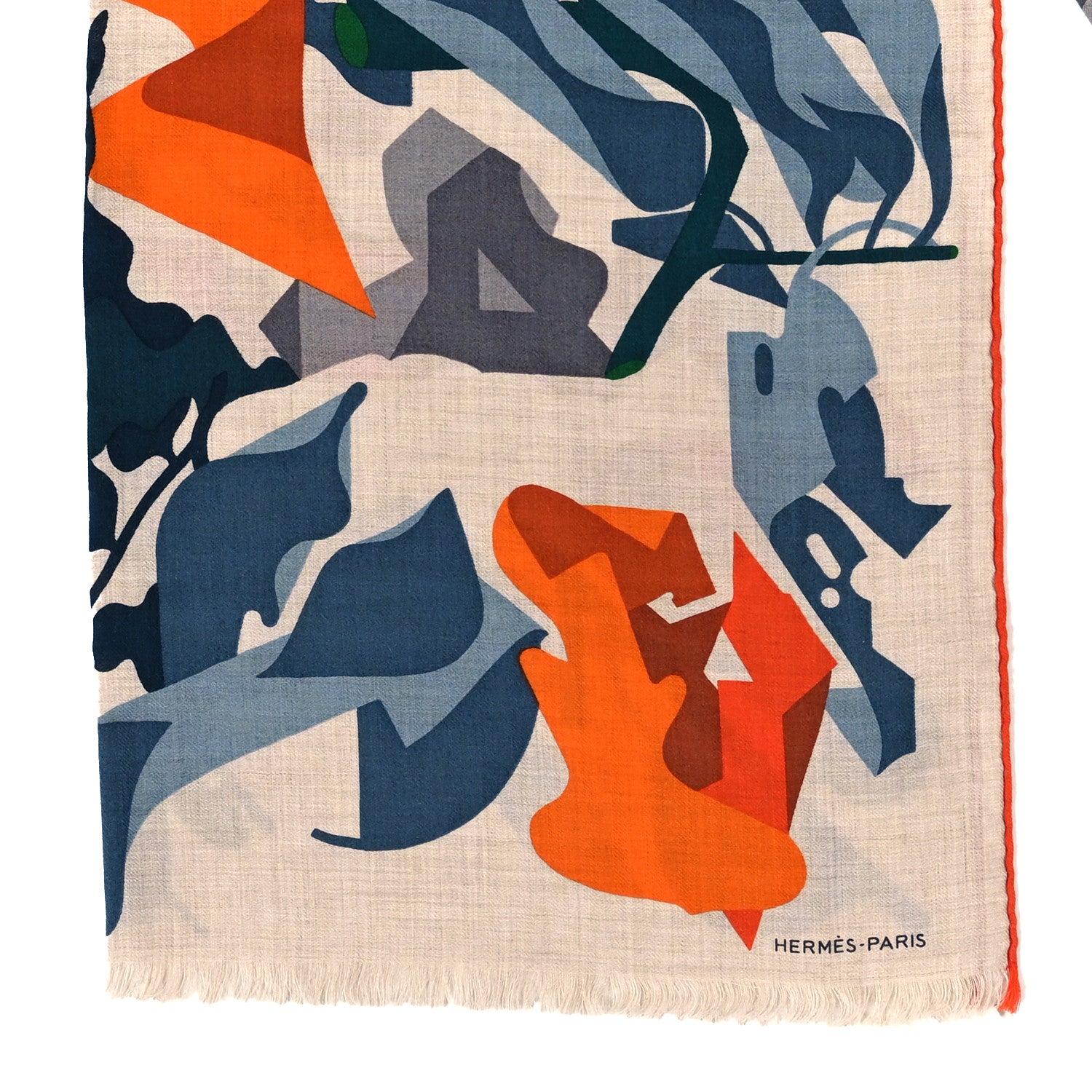 Hermes Cashmere Silk Puzzle Vegetal Rectangle Naturel Bleu Orange 2 of 4