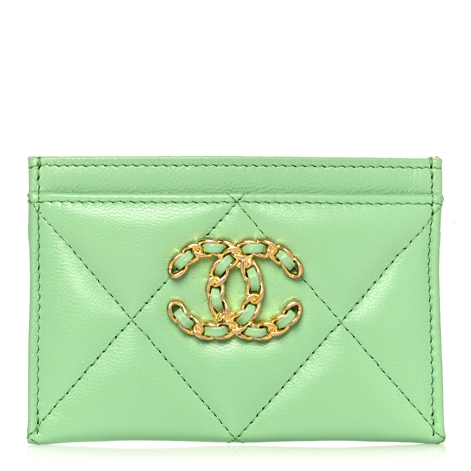Chanel Shiny Goatskin Quilted Chanel 19 Card Holder Green 1 of 10
