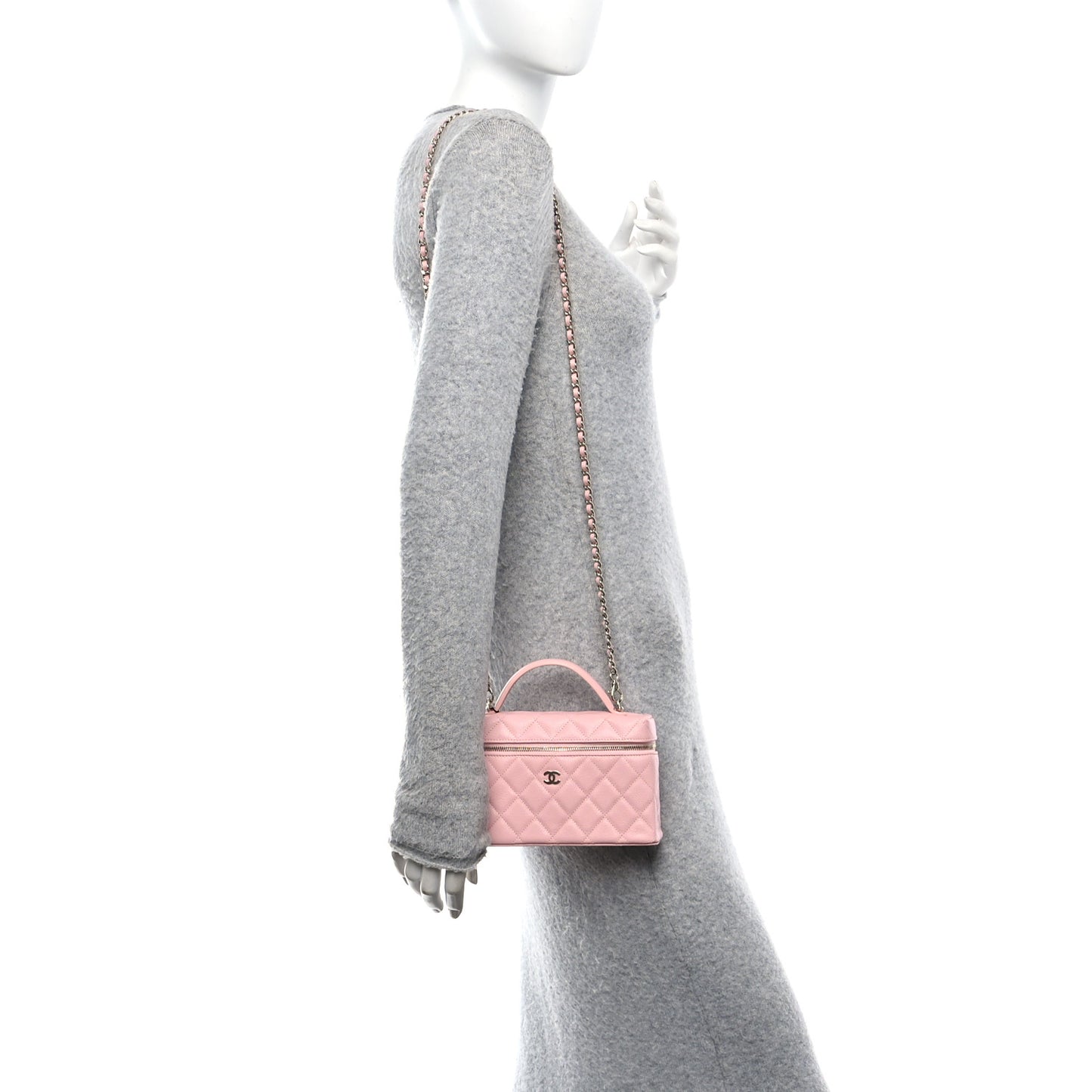 Caviar Quilted Top Handle Slim Vanity With Chain Light Pink