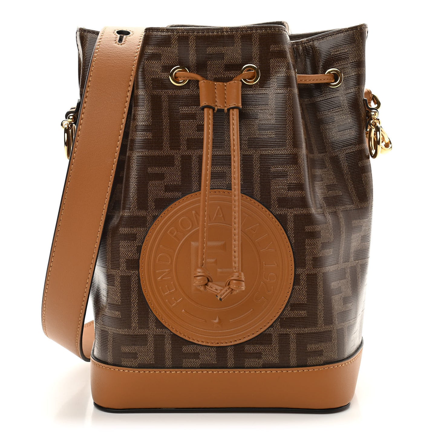 Glazed Fabric Vitello Grace F is Fendi FF 1974 Stamp Patch Grande Mon Tresor Bucket Bag Mogano Panna Nocciola