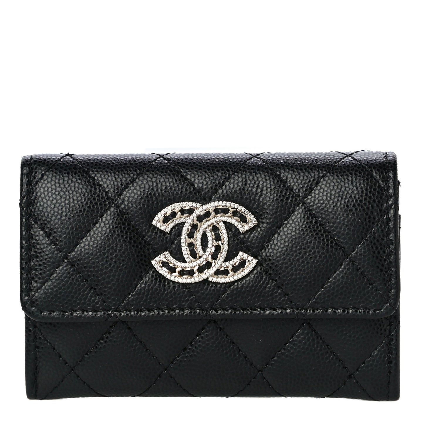 Caviar Quilted Crystal CC Flap Card Holder Black