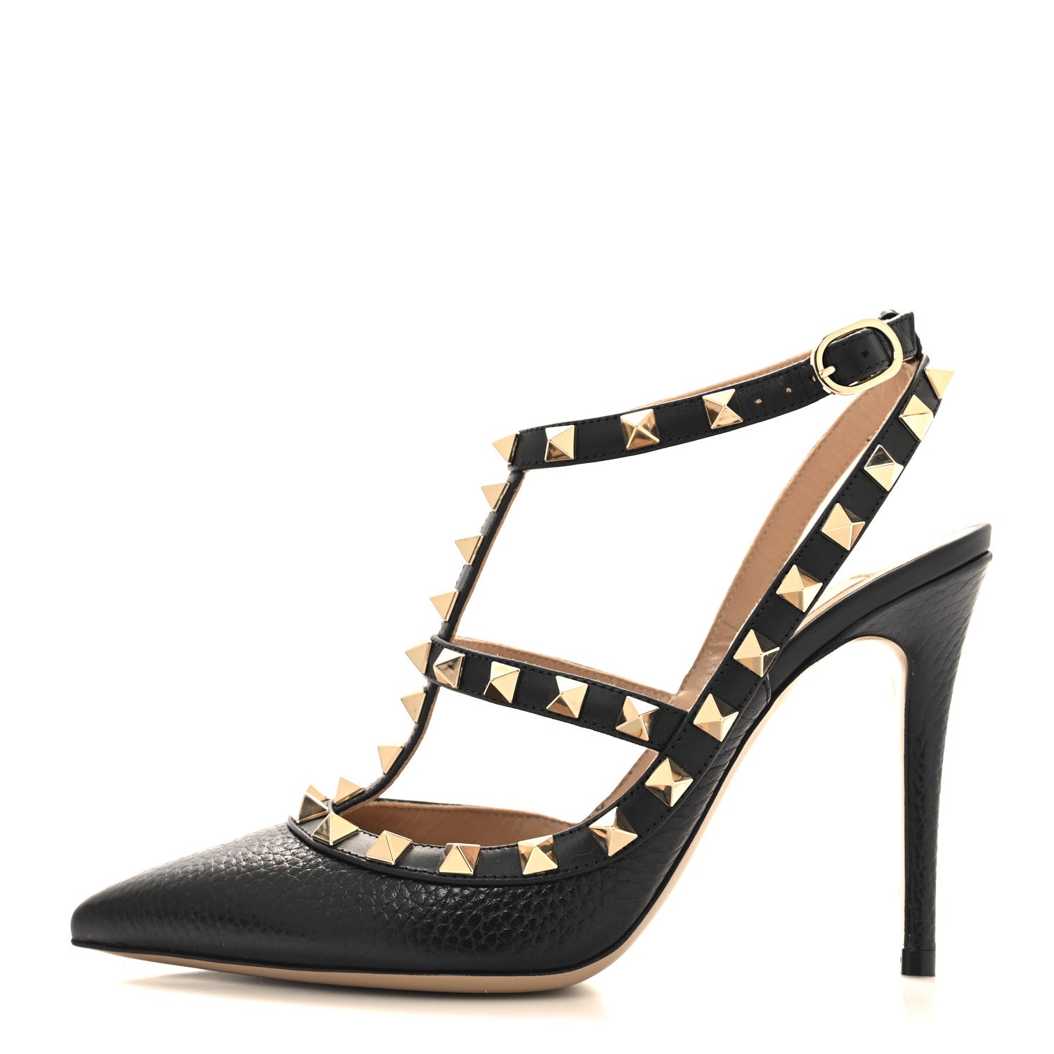 Valentino Garavani Pebbled Calfskin Rockstud Ankle Strap Pumps 35 Black 1 of 9