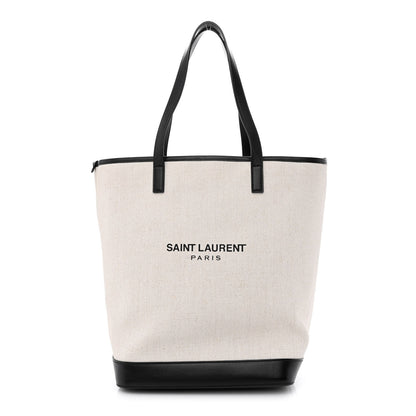 Saint Laurent Canvas Calfskin Teddy Drawstring Shopping Tote White Black 3 of 13