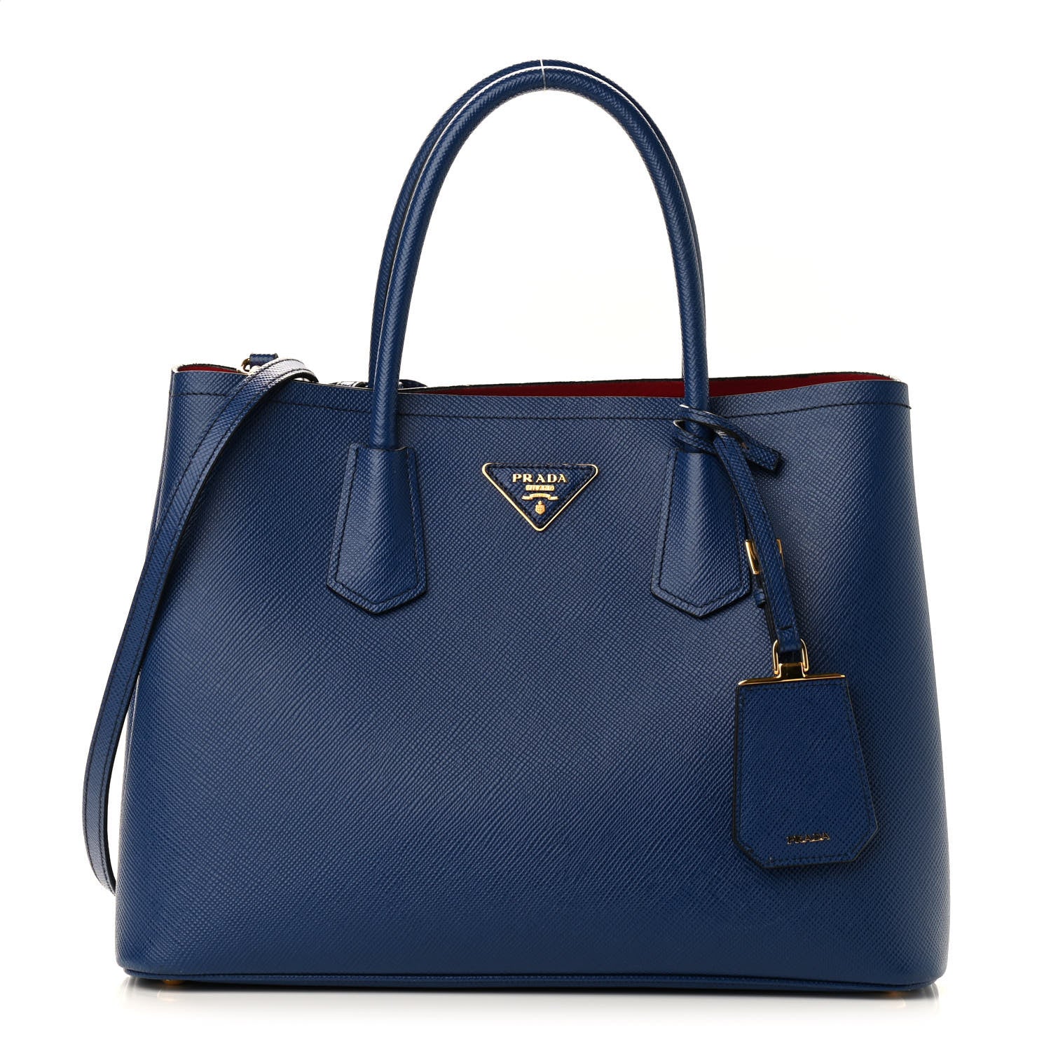 Prada Saffiano Cuir Medium Double Bag Bleuette Rosso 1 of 9